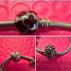 3 Pandora beads.  Swirls, puffy heart, red butterfly.  Sterling silver .